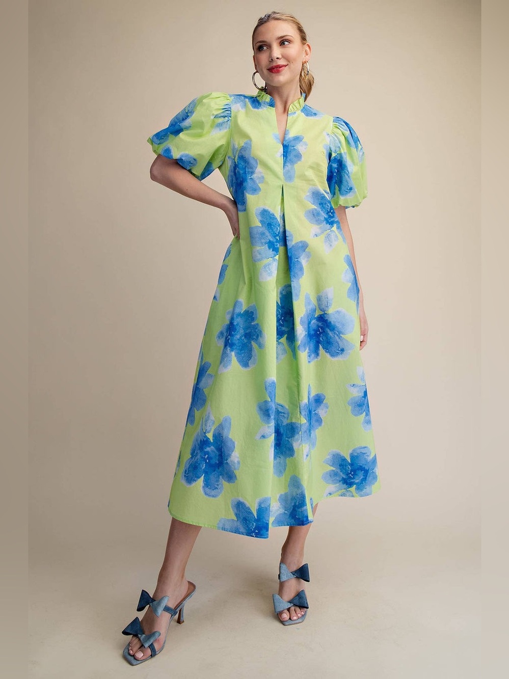 NWT Glam LA Lime Ruffle V-neck Puff Sleeve Waist Pleated Midi Dress Large